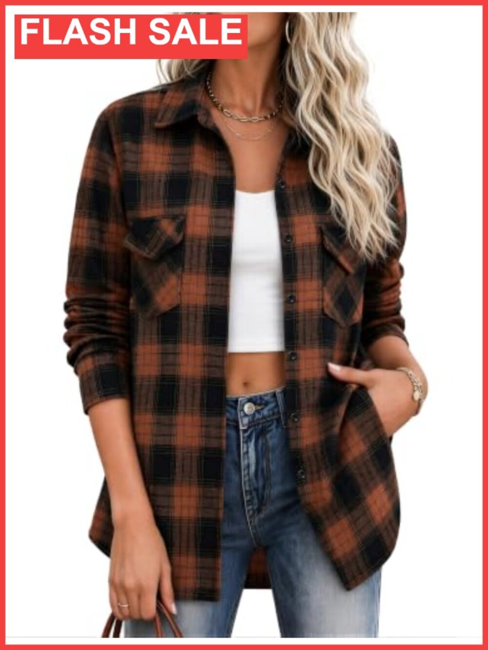 Women Plaid Button Down Flannel Shacket Long Sleeve Oversized Top